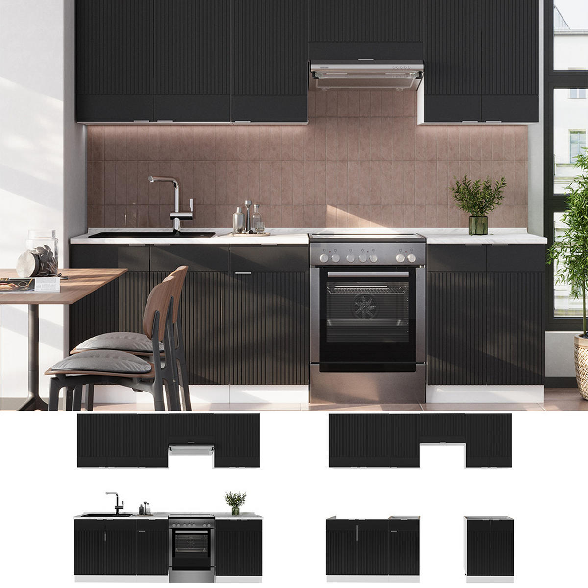 KÜCHENZEILE Fame-Line, Schwarz gestreift/Weiß, 240 cm, AP Eiche - Schwarz/Weiß, Holzwerkstoff (240/81.6/60cm) - Vicco