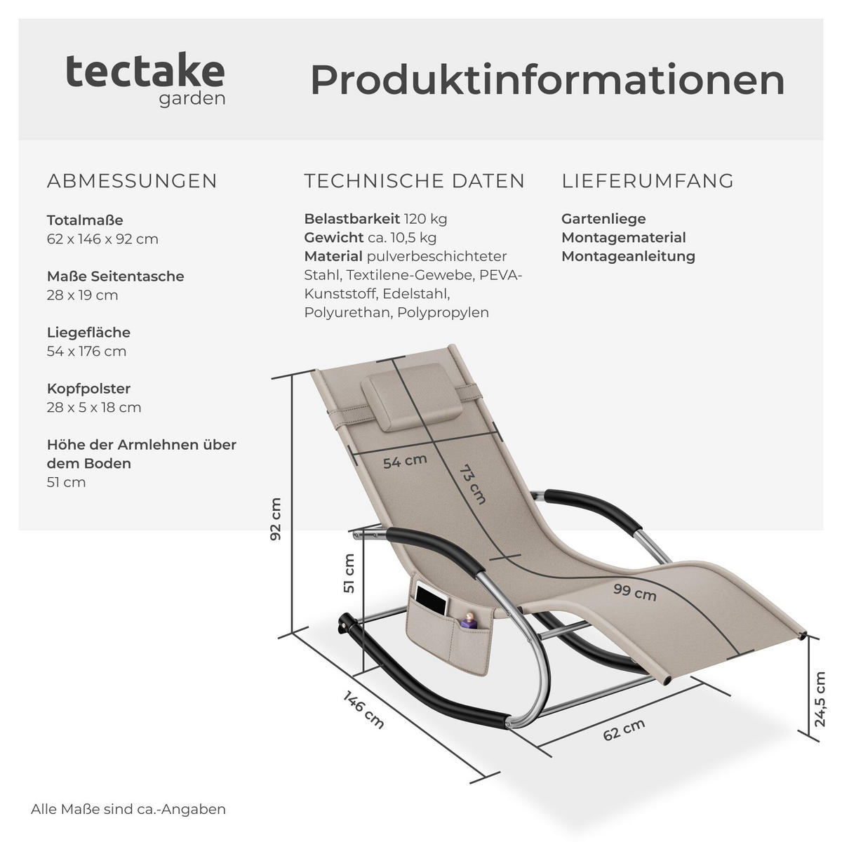 GARTENLIEGE Taya, abnehmbares Kopfpolster, seitliche Aufbewahrungstasche, beige - Beige, Kunststoff (62/92/142cm) - tectake