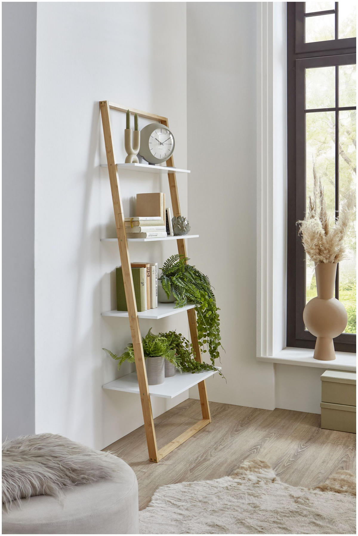 LEITERREGAL weiß/ Bambus - Weiß, Holz (61.3/164/36.5cm) - Xonox