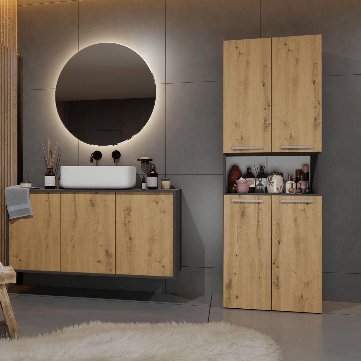 BAD Hochschrank Billy - Anthrazit/Eiche Artisan, Holzwerkstoff (60/174/30cm) - kommodly