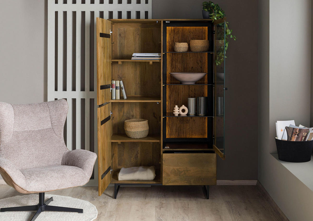 VITRINE Mango / Altholz 110x47x182 schwarz / natur lackiert DAVIS #31 - Schwarz, Holz (110/182/47cm) - Massivmoebel24