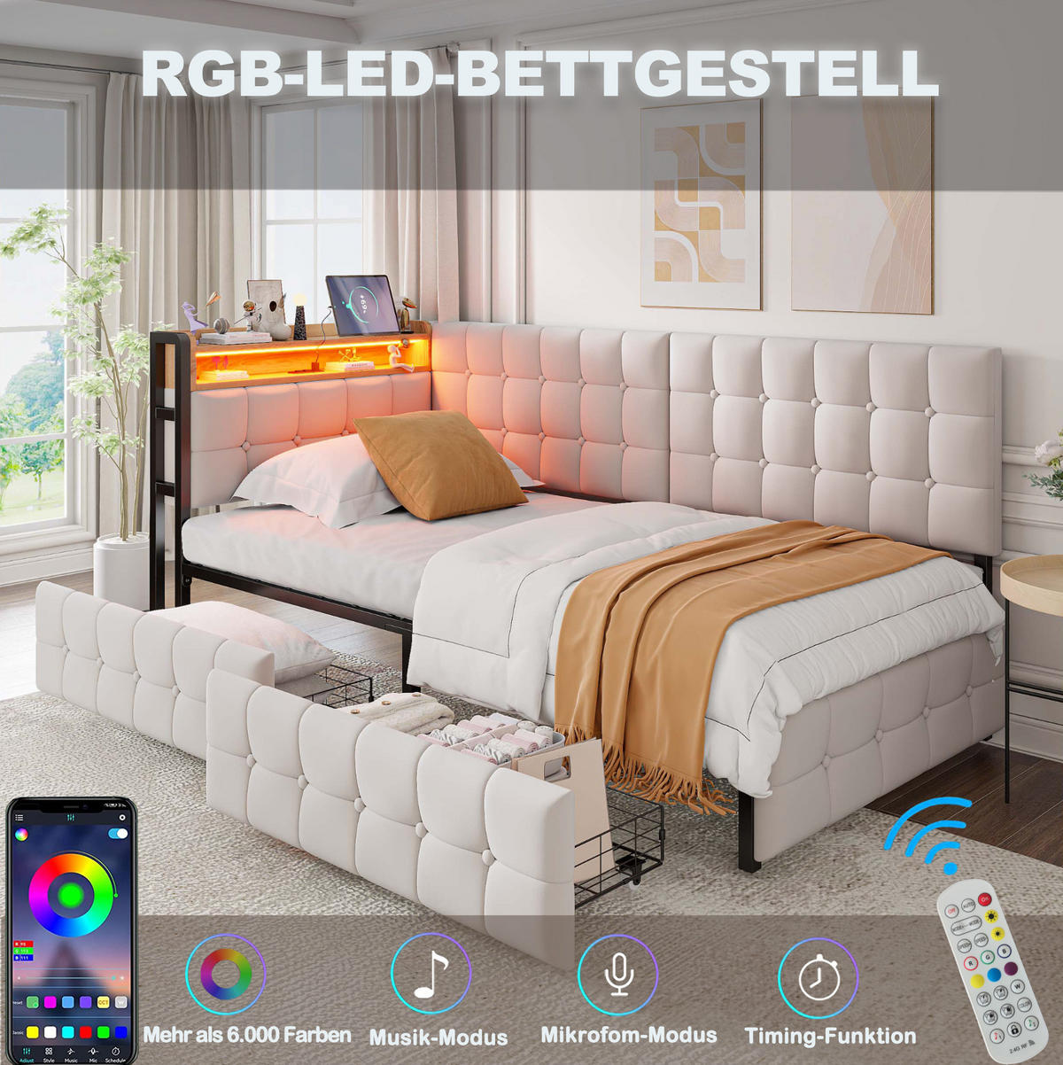 POLSTERBETT 90/200 cm Beige aus Samt mit 2 Schubladen und LED-Beleuchtung - Beige, Textil (90/200cm) - OKMYHOME
