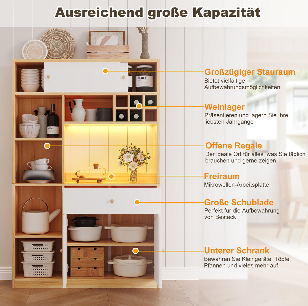 BUFFET 115/35/180 cm aus Spanplatte mit LED-Beleuchtung Weiß/Natur - Weiß, Holzwerkstoff (115/180/35cm) - Modenvie