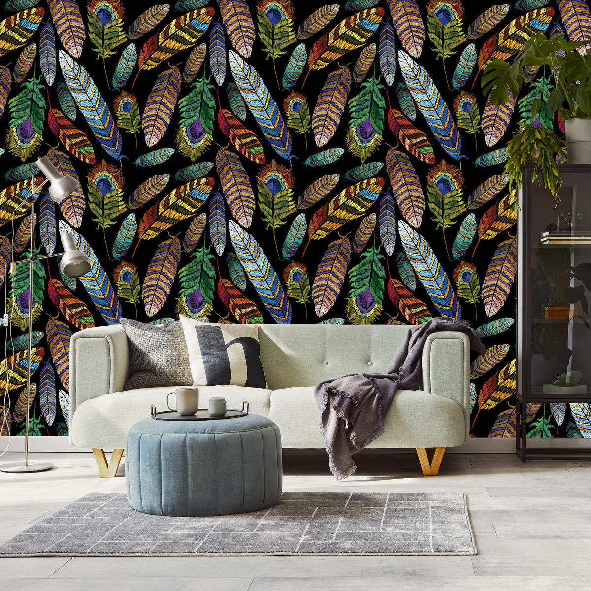 VLIESTAPETE Tropische Federn – Bunt, Schwarz – 50x1000 cm - Multicolor/Schwarz, Papier (50/1000cm) - Muralo