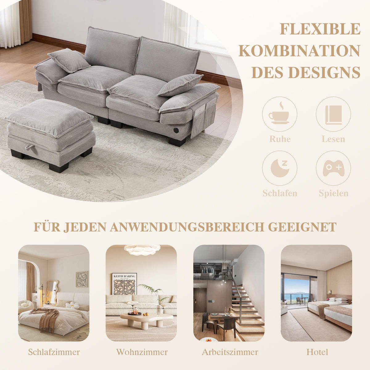 ECKSOFA mit USB-C-Anschluss,Seitentaschen und Hocker in Hellgrau - Hellgrau, Textil (190/132cm) - EVRYAE