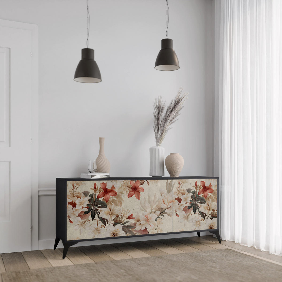 SIDEBOARD PETAL HARMONY, Eicheneffekt, 164,5x42x77,5 cm, 3 Türen - Eichefarben/Buchefarben, Holzwerkstoff/Buchenholz (164.5/77.5/42cm) - SpaceRebels
