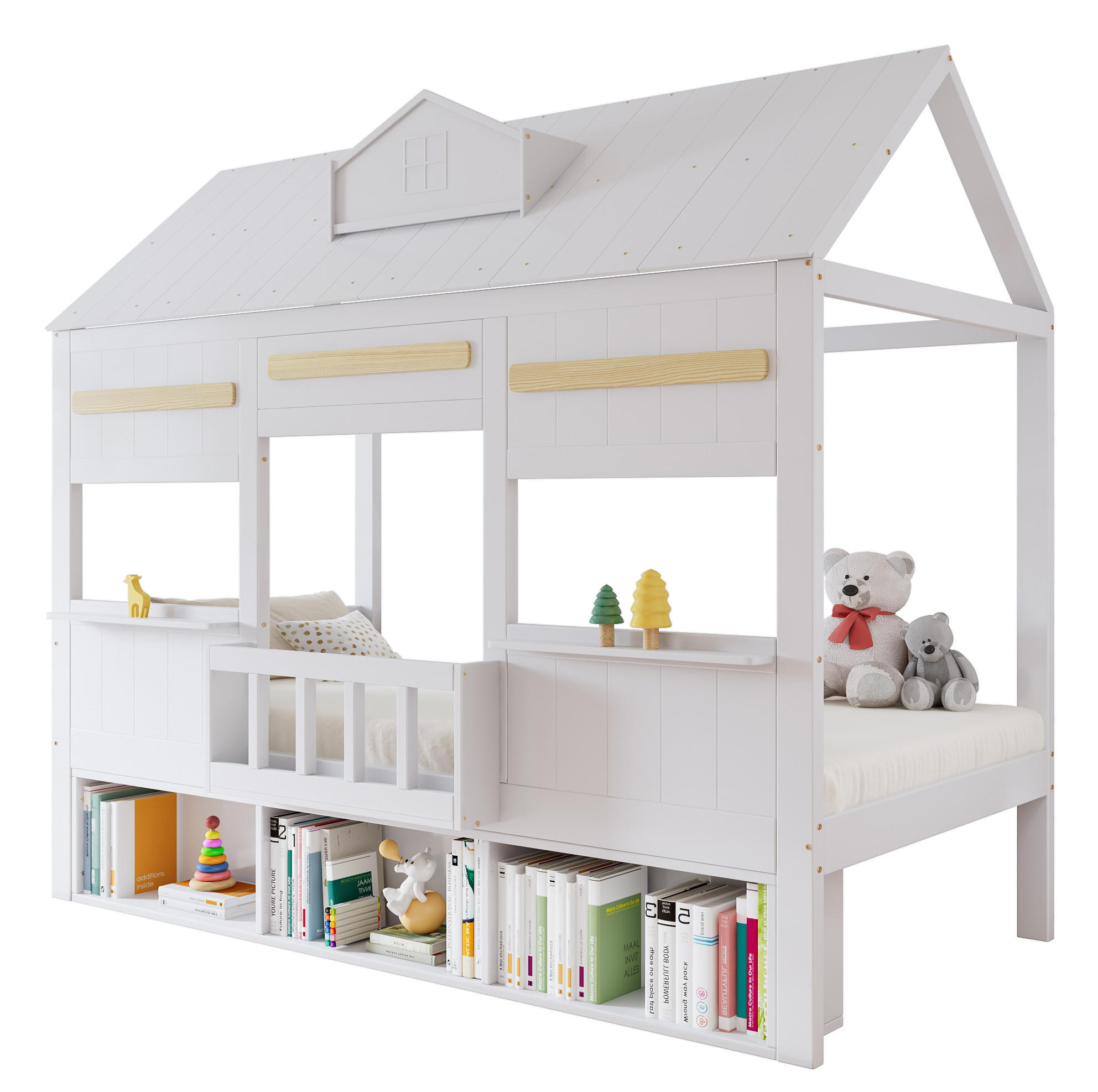 HOCHBETT 90/200 cm in Weiß mit Bücherregal und hausförmigem Design - Weiß, Holz (90/200cm) - Flora Grace