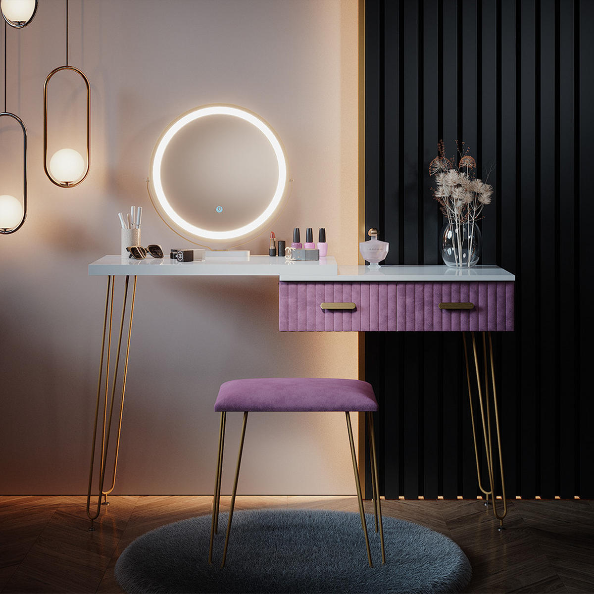 SCHMINKTISCH Zoey Rosa 120 cm mit LED Beleuchtung und Hocker - Pink, Holzwerkstoff (120/76/37cm) - Vicco