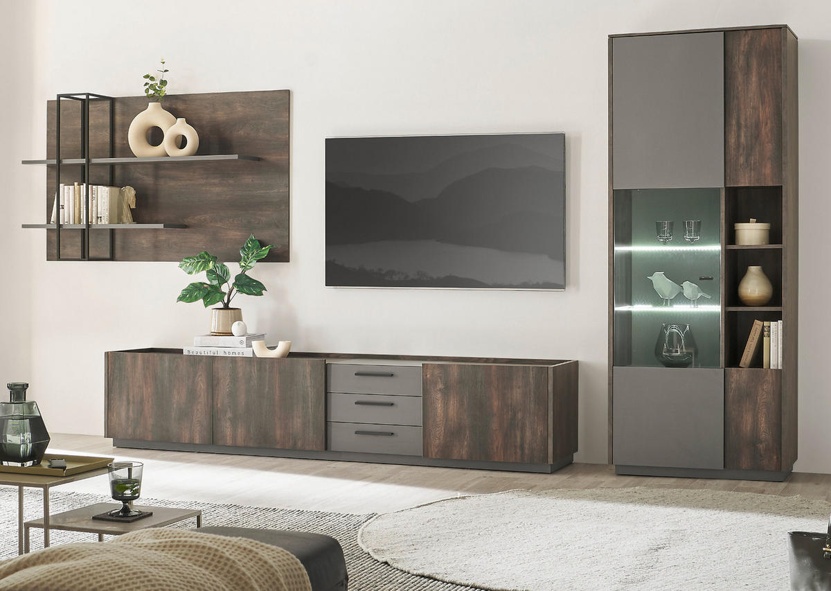 WOHNWAND Thermo Eiche, grau, Set 4-teilig mit XXL TV-Lowboard und Soft-Close - Eichefarben/Grau, Holzwerkstoff/Metall (416/200/45cm) - Furn.Design