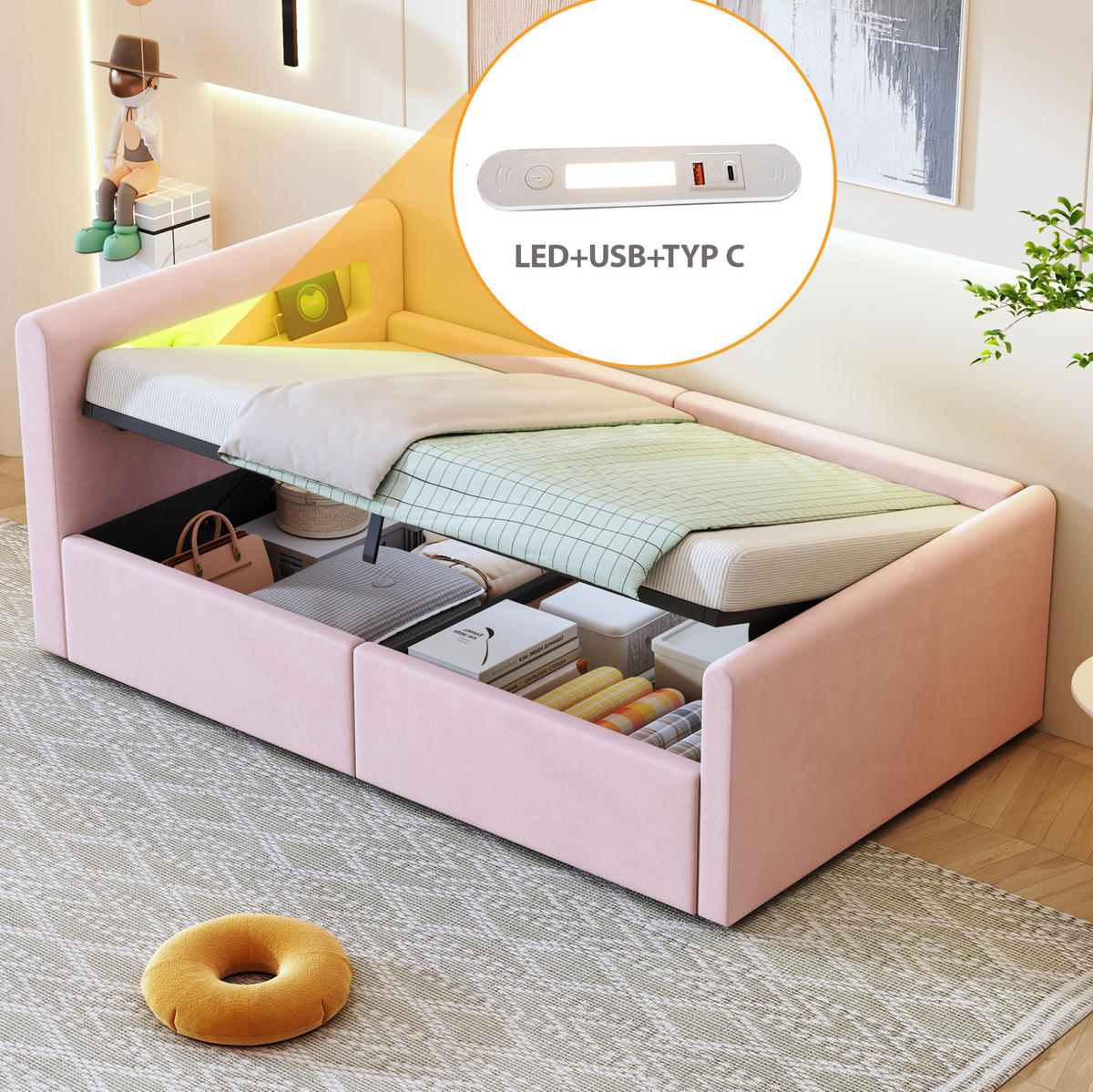 POLSTERBETT Kinderbett 90/200 cm Rosa mit LED-Beleuchtung und USB-Ladeanschluss - Rosa, Textil (90/200cm) - OKWISH