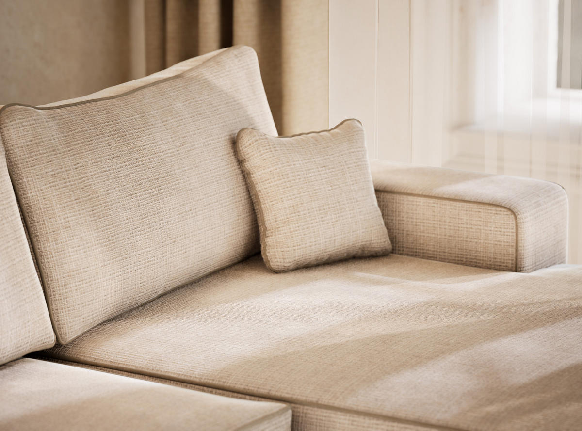 WOHNLANDSCHAFT Deseo Creme-Beige Chenille-Stoff - Beige/Creme, Holz/Holzwerkstoff (398/70/148cm) - Maison de Reve