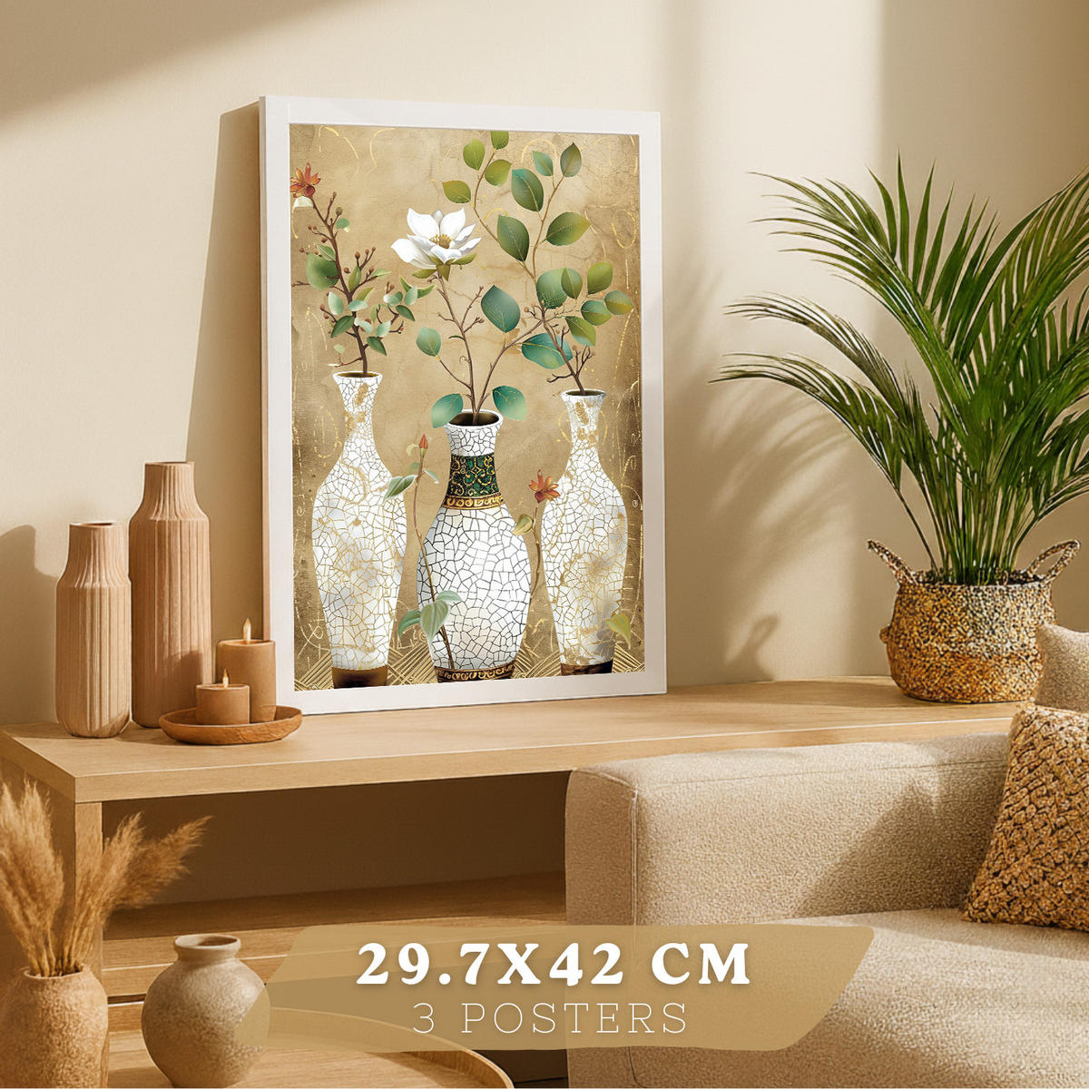 PLAKAT Sada 3 květinových potisků. Dekorativní nástěnné umění s klasickými květinami. Botanické nástěnné PLAKATy s přírodou. Velikost Bílý rám A3 - bílá, papír (29.7/42/3cm) - Nacnic