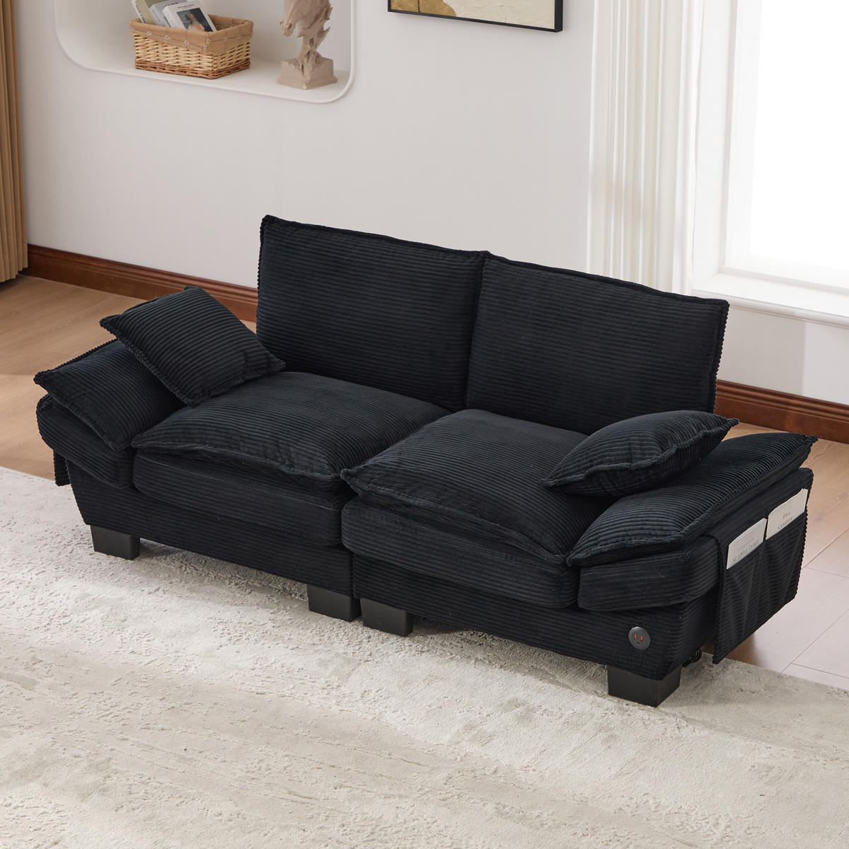 2-SITZER Sofa aus Cord 190x73x84 cm in Schwarz mit USB-C & Seitentaschen - Schwarz, Textil (73/84/190cm) - Modfu