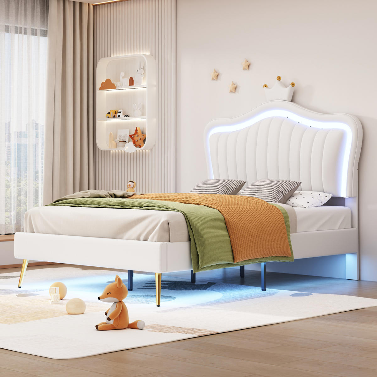 KINDERBETT 90/200 cm in Weiß mit LED und Muschel-Kopfteil aus Kunstleder - Weiß, Textil (90/200cm) - BEAOK