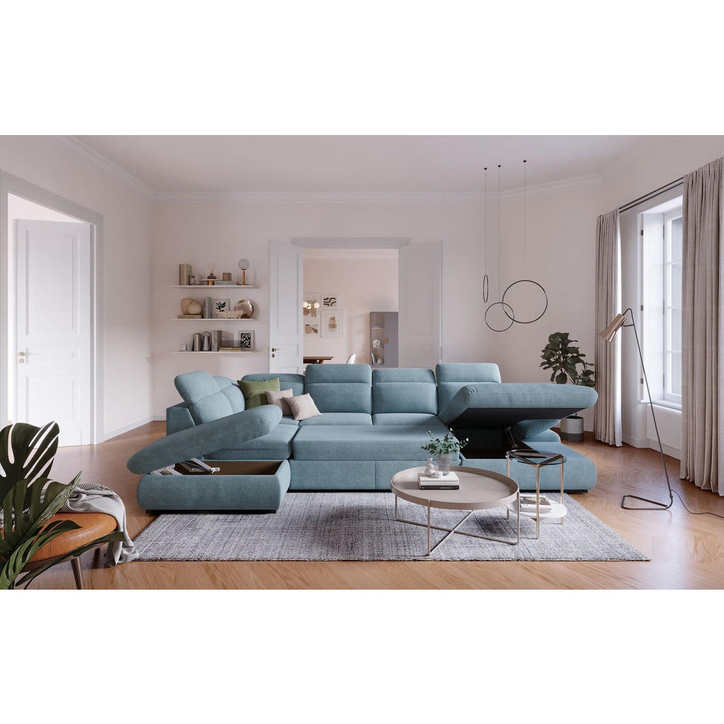 Thumbnail - Cotta Wohnlandschaft, Türkis, Textil, Echtholz,Fichte, U-Form,L-Form, 341x80x218 cm, Wohnzimmer, Sofas & Couches, Wohnla...