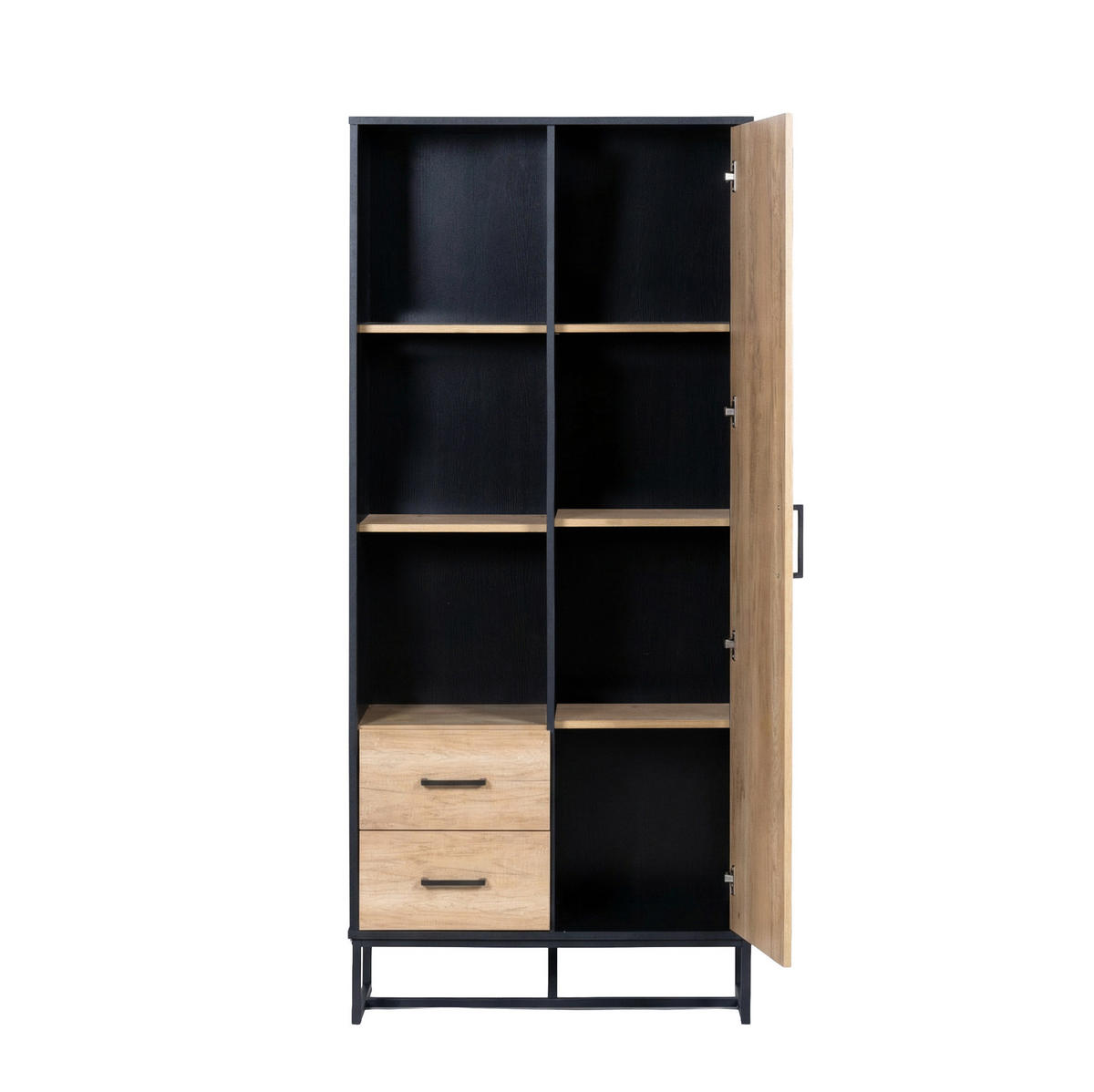 HIGHBOARD 80/40/180 cm mit 1 Tür, 2 Schubladen und 3 offenen Fächern, MDF in Holzfarbe/Schwarz - Schwarz, Holzwerkstoff (80/180/40cm) - Redom