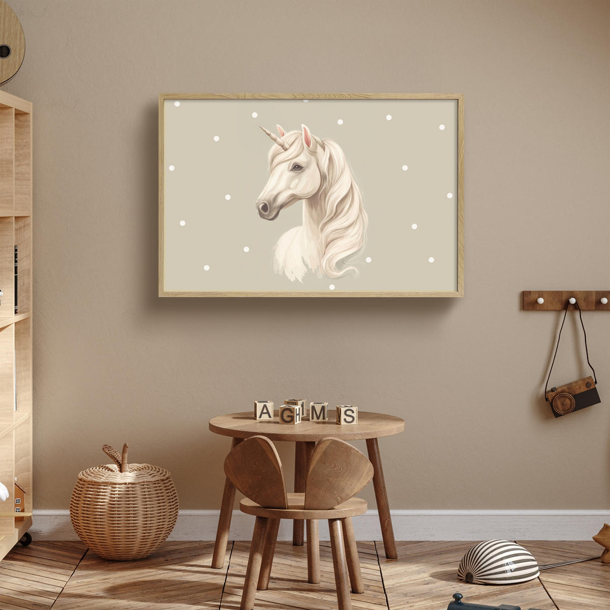 NÁSTĚNNÁ LAMPA S AKUMULÁTOREM Jednorožec - bílý - tečky 90x60 cm - šedohnědá, kompozitní dřevo (90/60/8cm) - OnlyWow