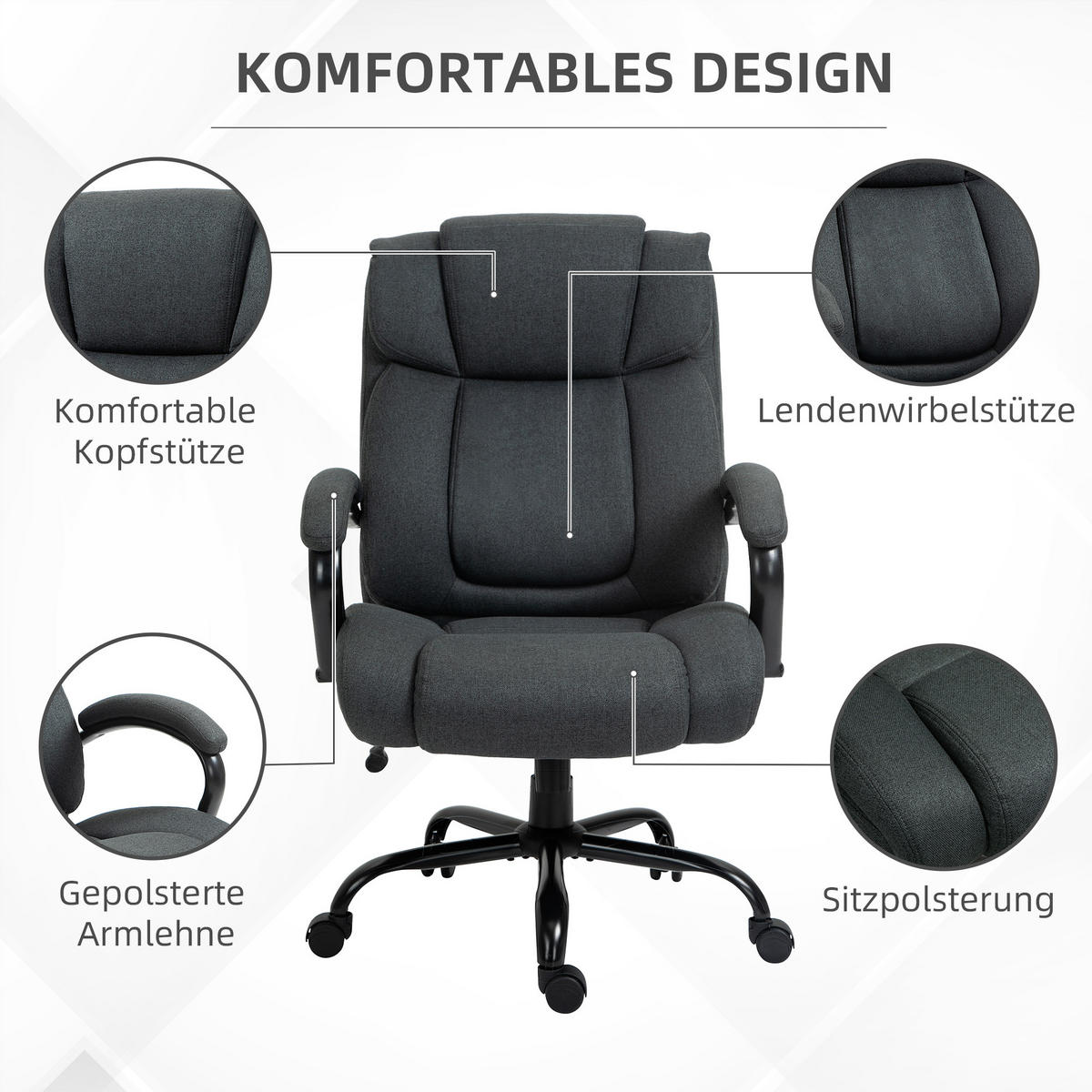 BÜROSTUHL DE-05187 Extra breiter Sitz, Armlehnen & Wippfunktion Grau - Dunkelgrau, Metall (72.5/118/80cm) - ComfortXL
