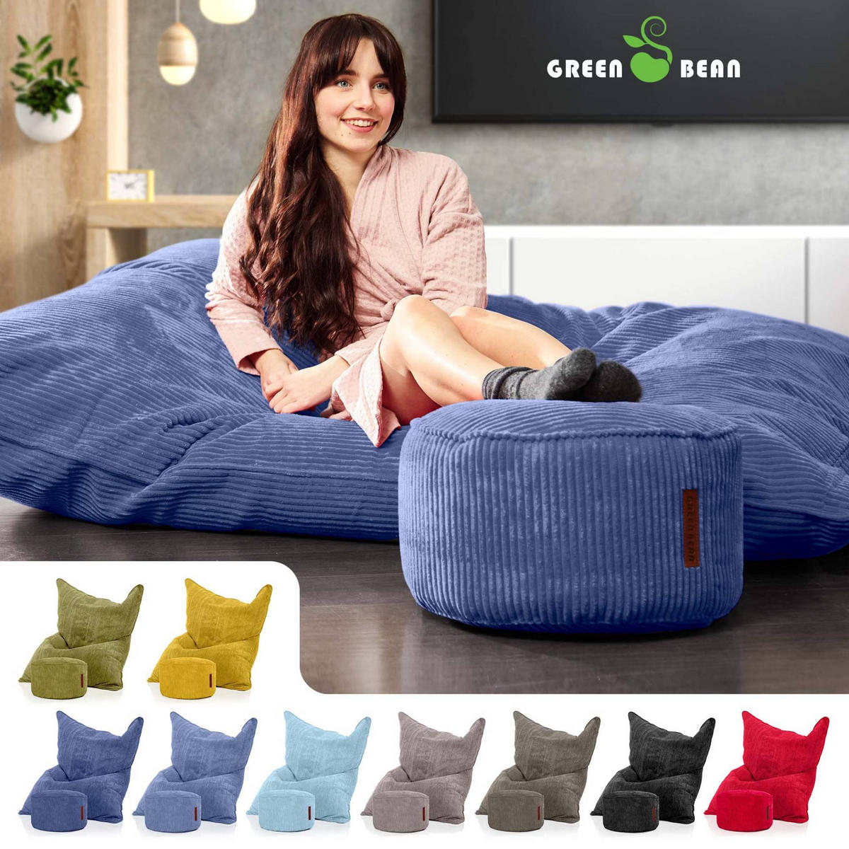 SITZSACK XXL "Square" + Pouf aus Cord - Dunkelblau, Textil (140/25/180cm) - Green Bean