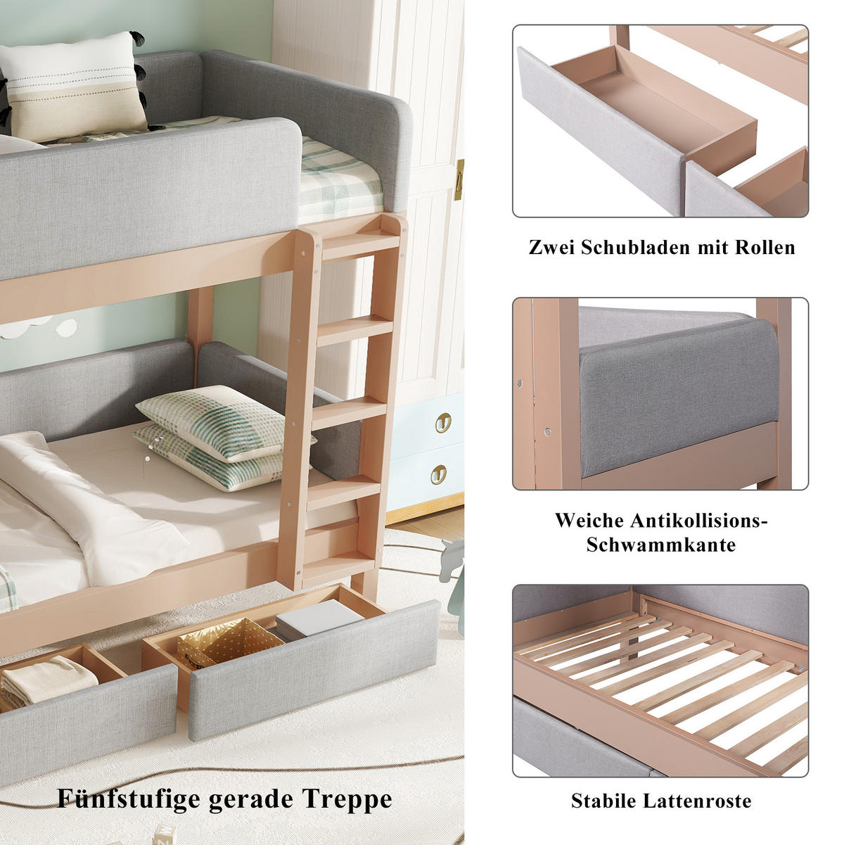 ETAGENBETT 90/200 cm grau/natur aus Kautschukholz und MDF mit Treppe und 2 Schubladen - Grau, Holz (90/200cm) - OKWISH