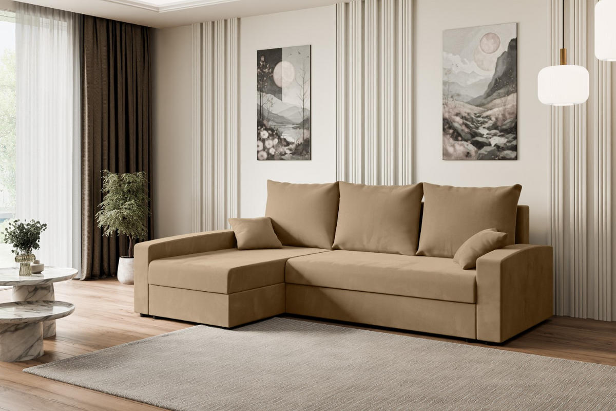 ECKSOFA mit Schlaffunktion und Bettkasten ALESIA-L 231x140x90 cm Beige Velours - Ecru/Beige, Holzwerkstoff/Kunststoff (231/140cm) - ALTDECOR