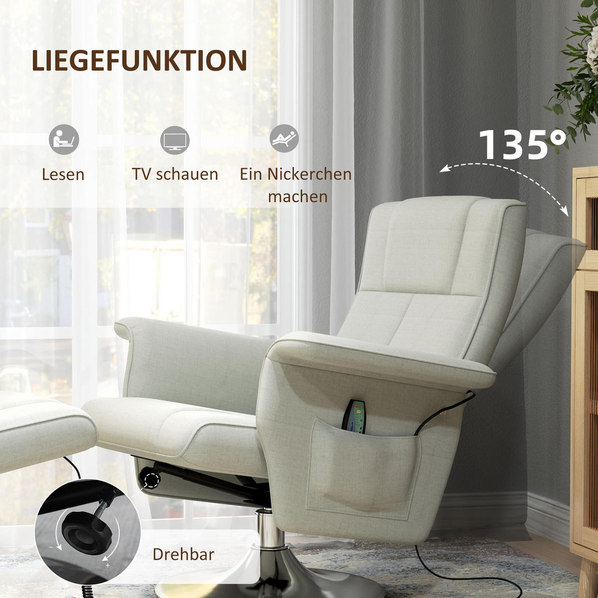 MASSAGESESSEL mit Fußhocker, elektrischer Relaxsessel mit Liegefunktion Creme - Silberfarben/Creme, Textil/Metall (95/88/78cm) - HOMCOM