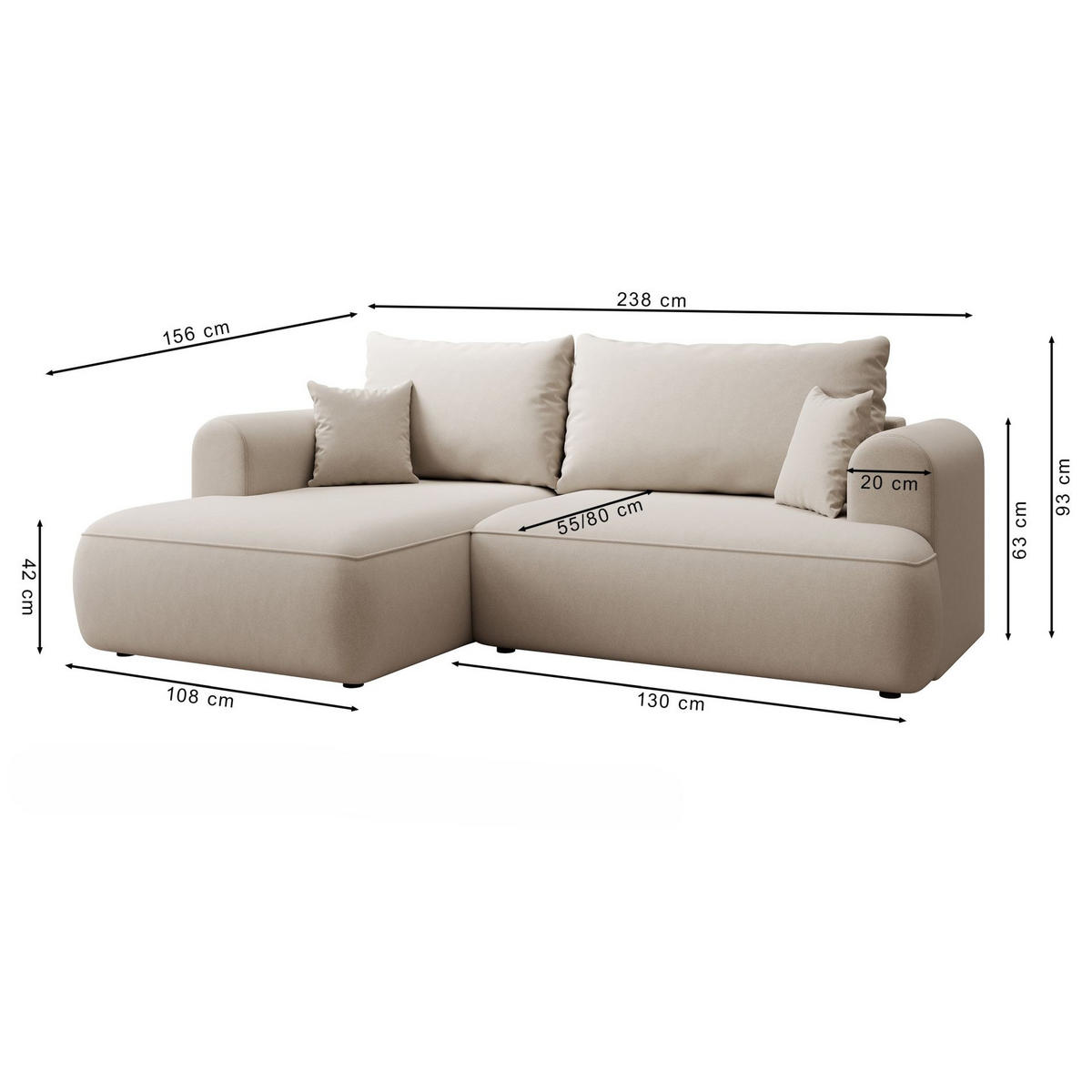 ECKSCHLAFSOFA Ovo Mini Grau Easy-Clean-Samtbezug - Schwarz/Grau, Kunststoff/Textil (238/156cm) - Selsey