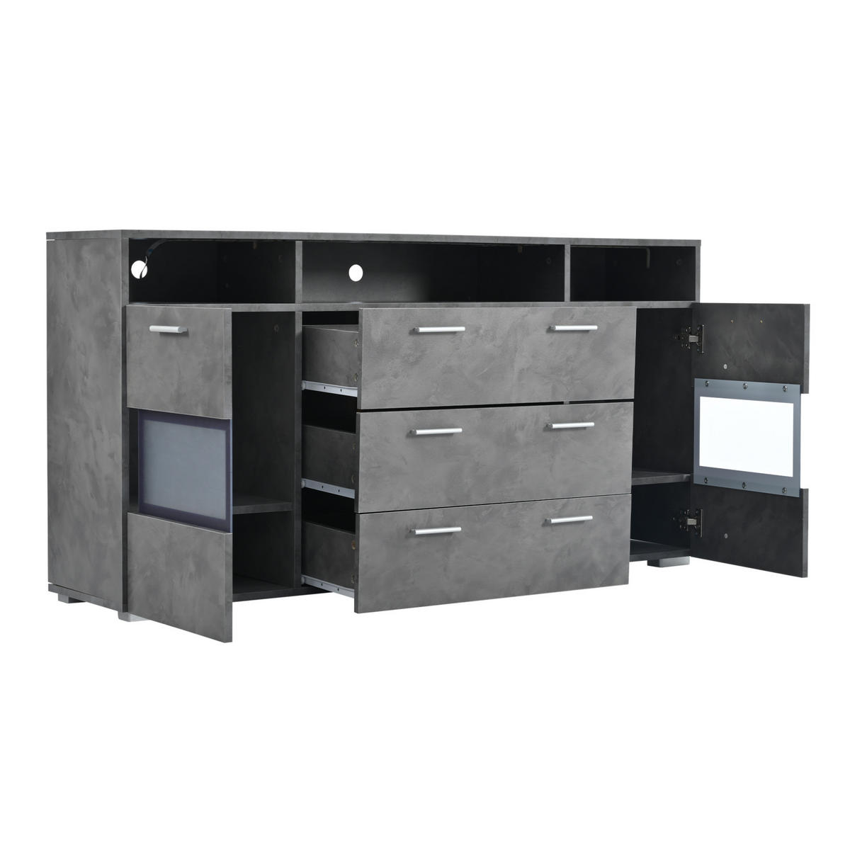 SIDEBOARD 140/33,5/72,5 cm mit LED, 2 Türen, 3 Schubladen & offenen Fächern - Grau, Holzwerkstoff (140/72.5/33.5cm) - BEAOK