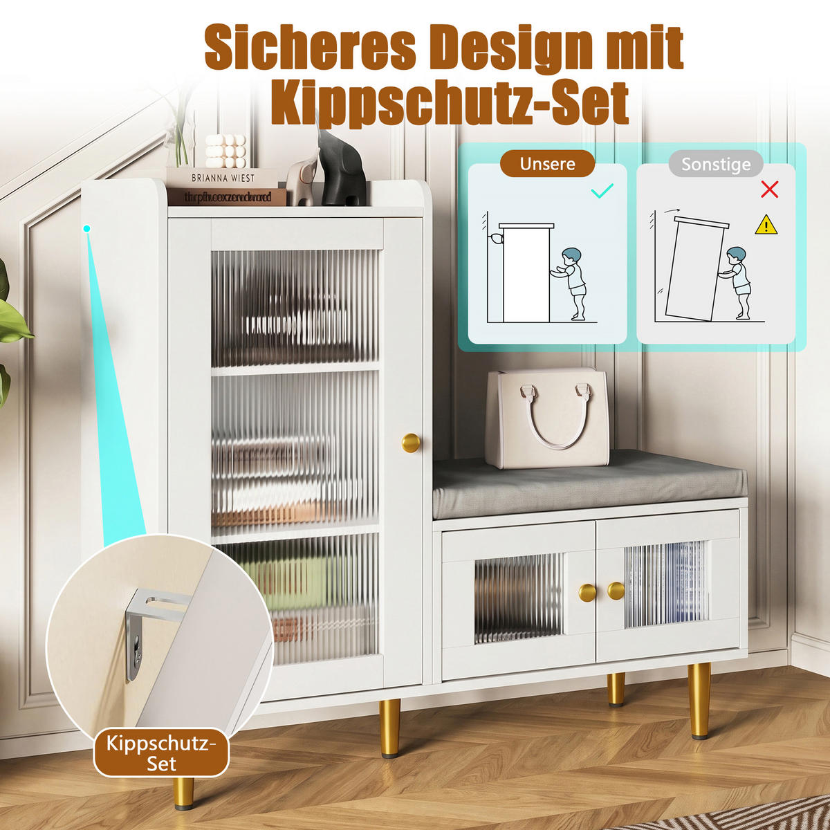 SCHUHSCHRANK mit Sitzbank, 3 Türen, verstellbare Einlegeböden, 100 x 35 x 90 cm, weiß - Weiß, Holz/Metall (35/90/100cm) - GENKI LIVING