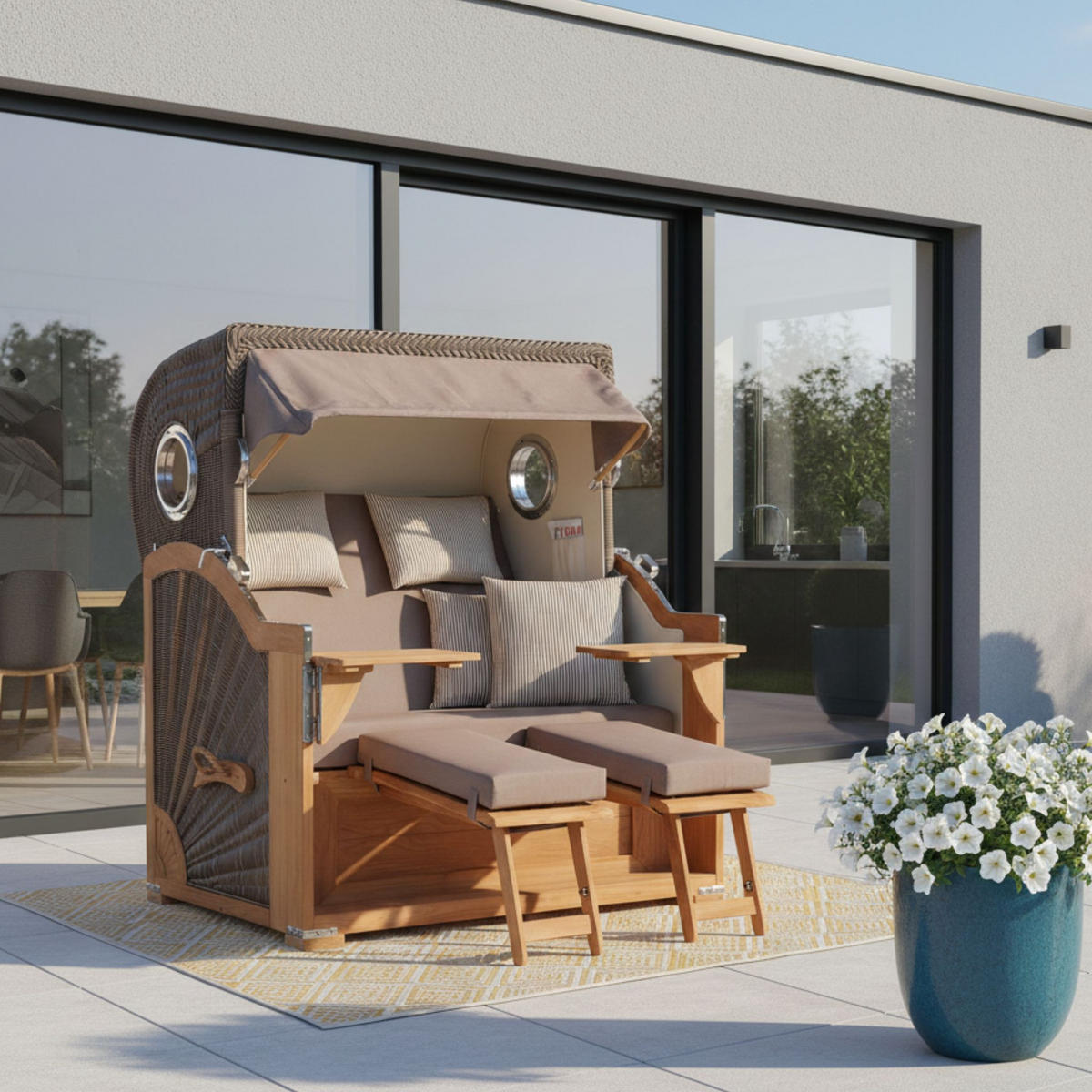 STRANDKORB Baltikum Teak 2,5 Sitzer - Taupe/Braun, Holz/Metall (142/170/95cm) - Mr. Deko