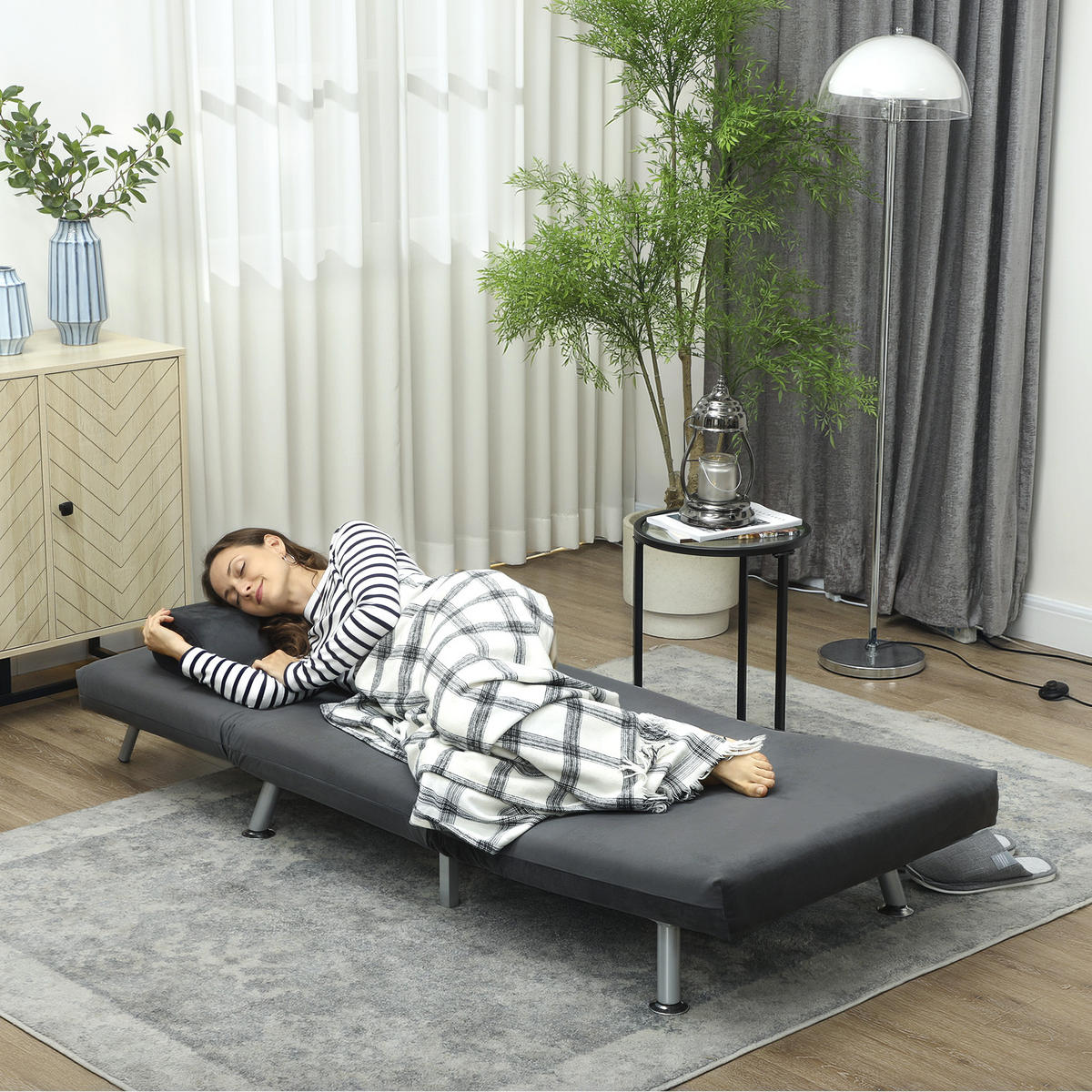 KLAPPBAR Schlafsessel Schlafsofa Klappmatratze Bett Gästebett Dunkelgrau - Dunkelgrau/Silberfarben, Textil/Metall (70/75/75cm) - HOMCOM