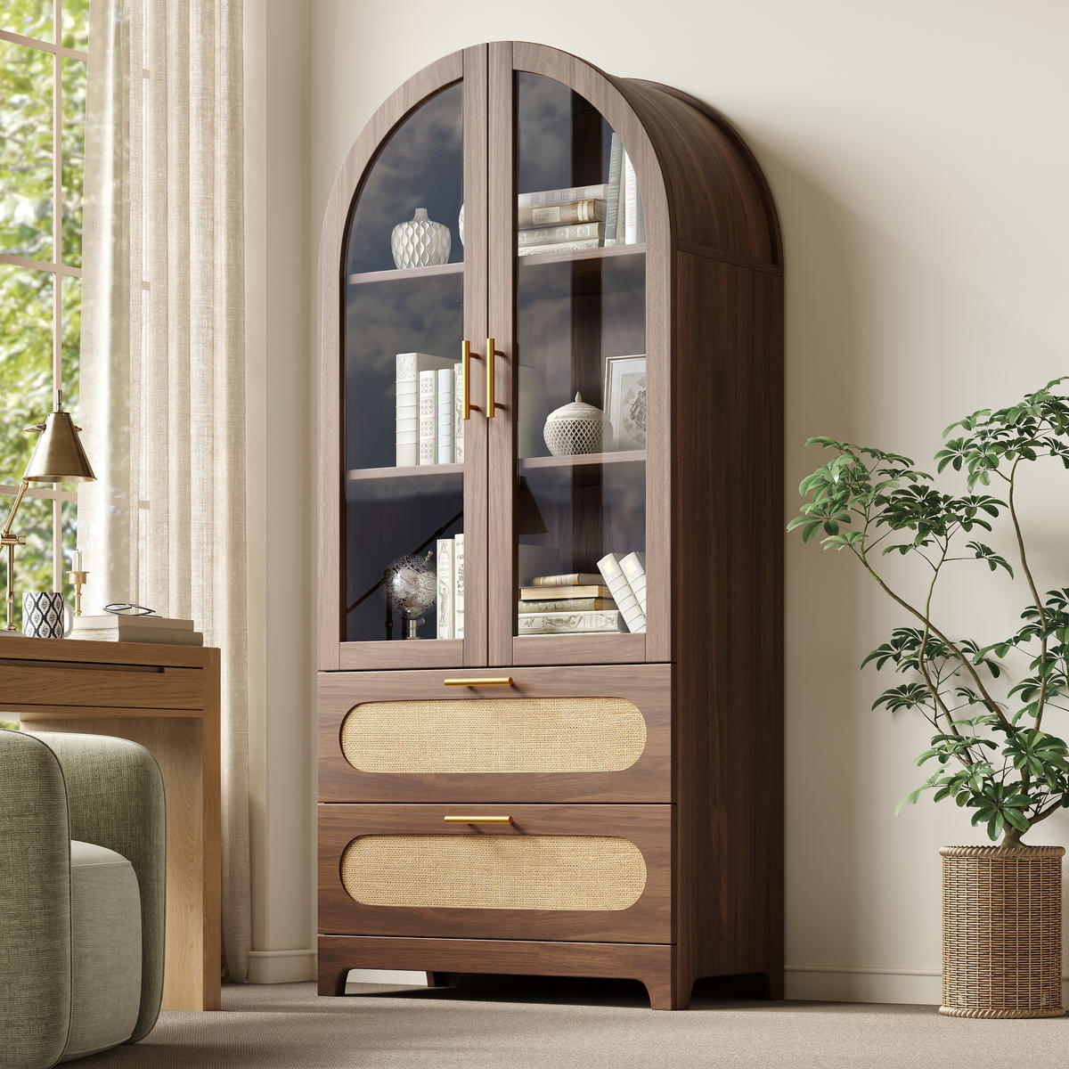 VITRINE in Nussbaum Bücherregal mit 2 Schubladen und verstellbaren Böden, H175/B80/T40cm - Transparent/Naturfarben, Glas/Holzwerkstoff (80/175/40cm) - STILVORA