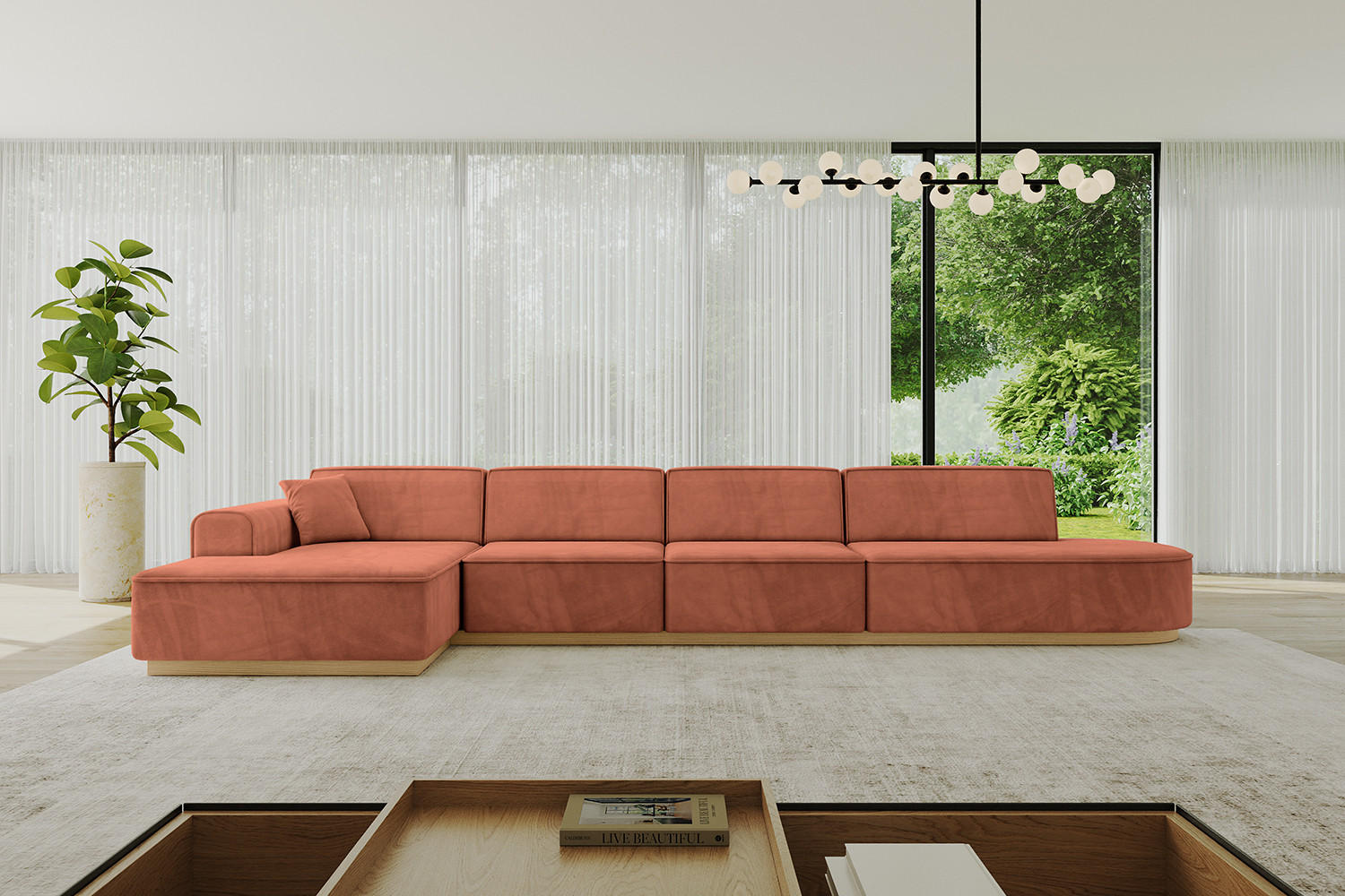 ECKSOFA Ottomane Links IREA-L3-v2 - 403x165x81 cm Apricot - Koralle, Holzwerkstoff/Textil (403/165cm) - ALTDECOR