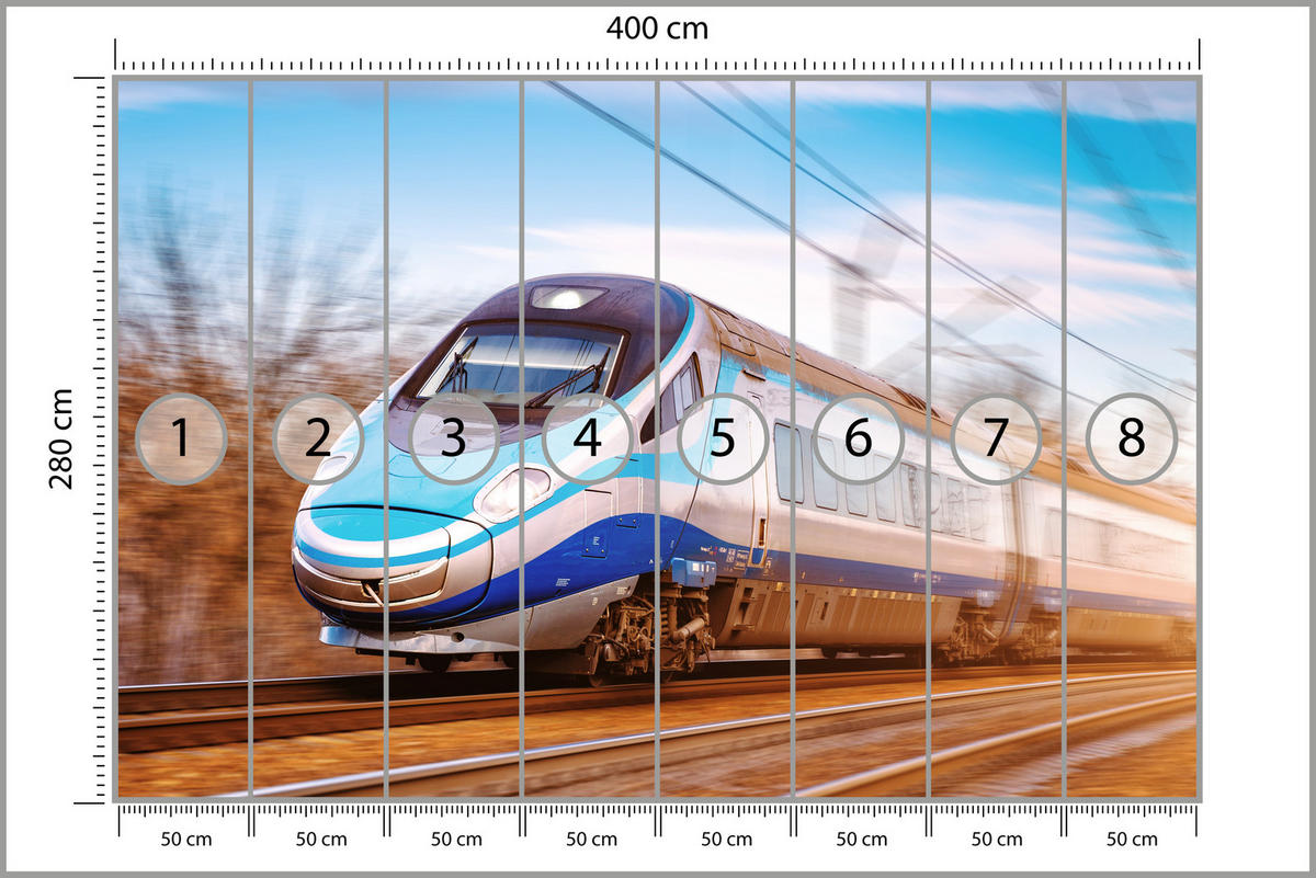 FOTOTAPETE für Wohnzimmer Moderner Zug Eisenbahnschienen 400x280 - Blau/Schwarz, Papier (400/280cm) - Muralo
