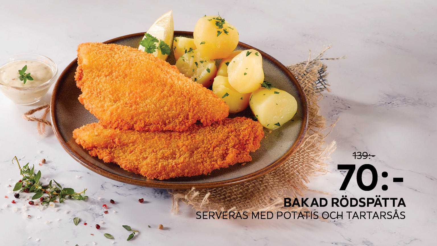 Bakad rödspätta, Serveras med potatis och tartarsås