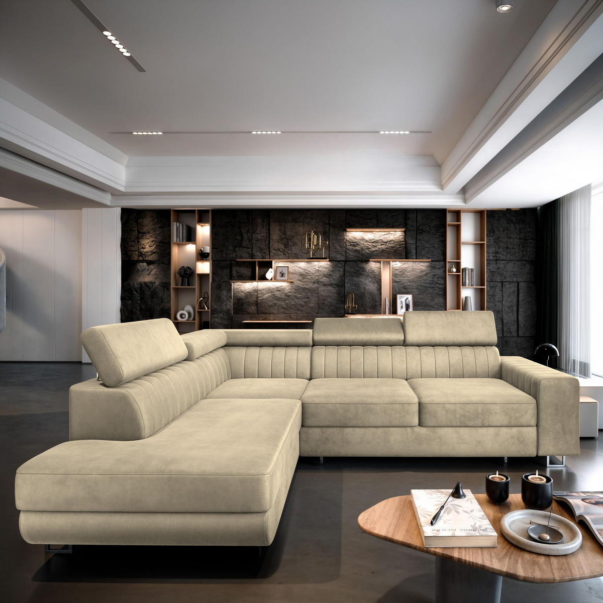 ECKSOFA NOLA L-S Creme Velours-Stoff mit Schlaffunktion - Creme, Holz (253/190cm) - MASSENO