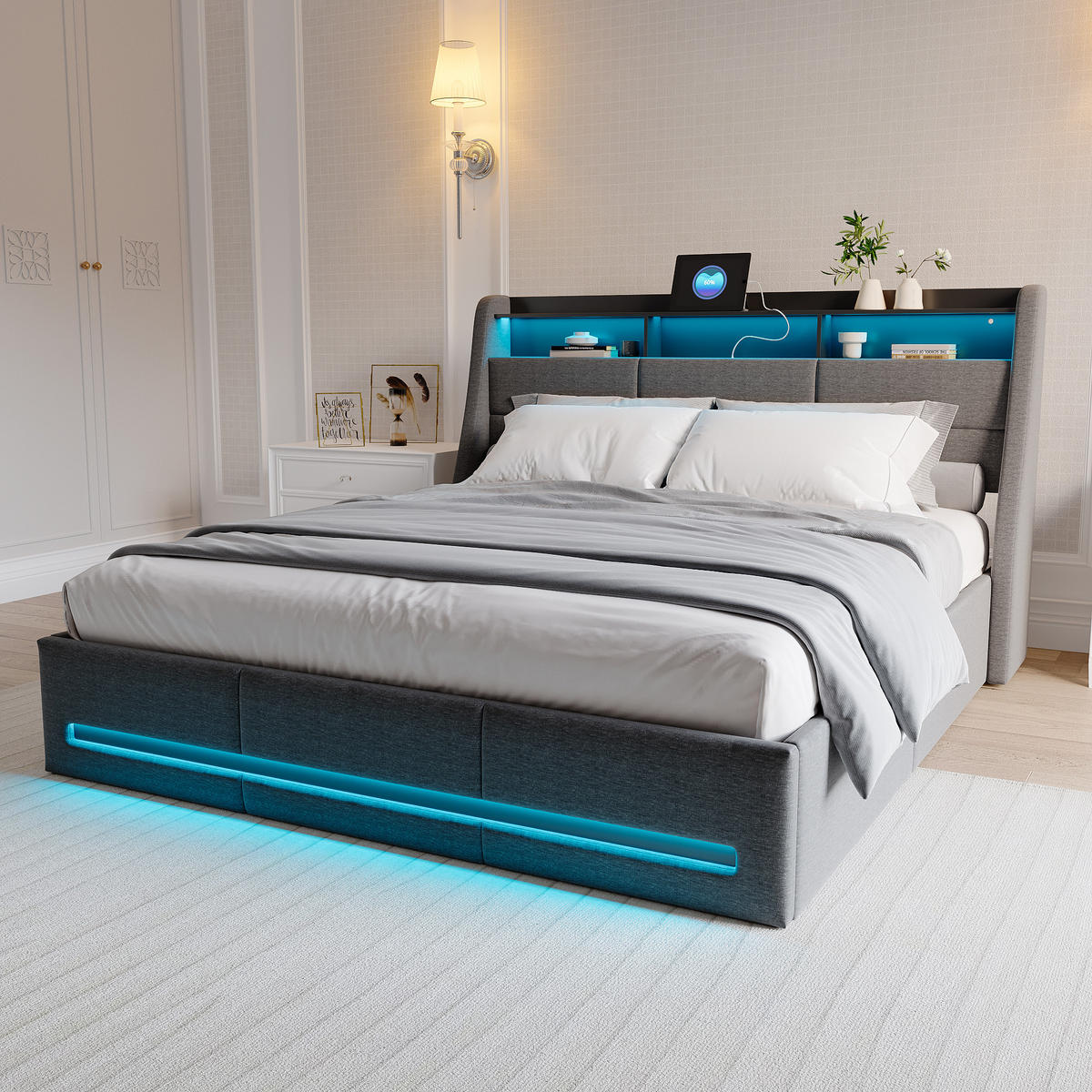 POLSTERBETT 160x200 cm mit hydraulischem Stauraum, Ambiente-LED, USB-/Typ-C-Anschlüsse, Leinenstoff, Grau - Grau, Holz (160/200cm) - BRILVERDE