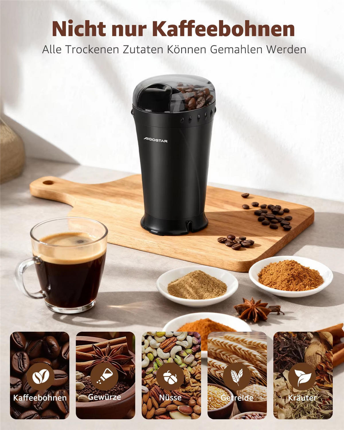 KAFFEEMÜHLE Elektrisch Gewürzmühle 150W Edelstahl Schwarz - Schwarz, Kunststoff (10.8/18.8/11.3cm) - Bextcok