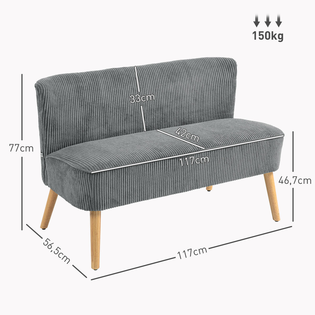 2 Sitzer Sofa, Gepolsterte Couch mit Kordoptik, Holzbeine für Wohnzimmer, Grau - Naturfarben/Grau, Holz/Textil (56.5/77/117cm) - HOMCOM