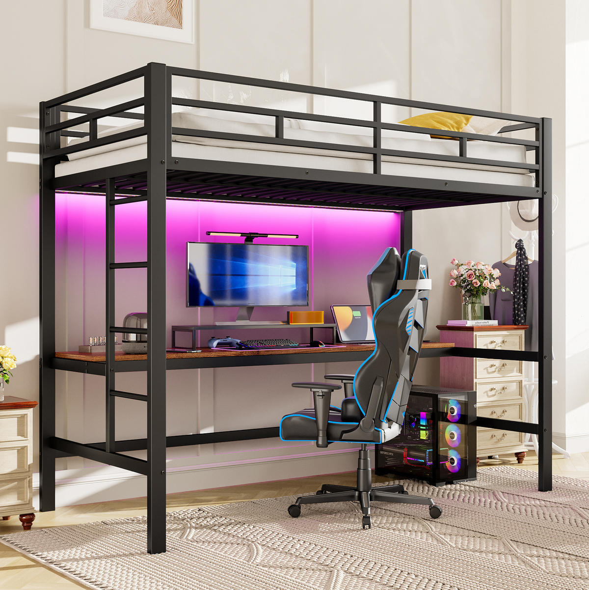 HOCHBETT 90/200 cm aus Metall mit Schreibtisch, LED-Beleuchtung und Anschlüssen - Schwarz, Metall (90/200cm) - Flora Grace