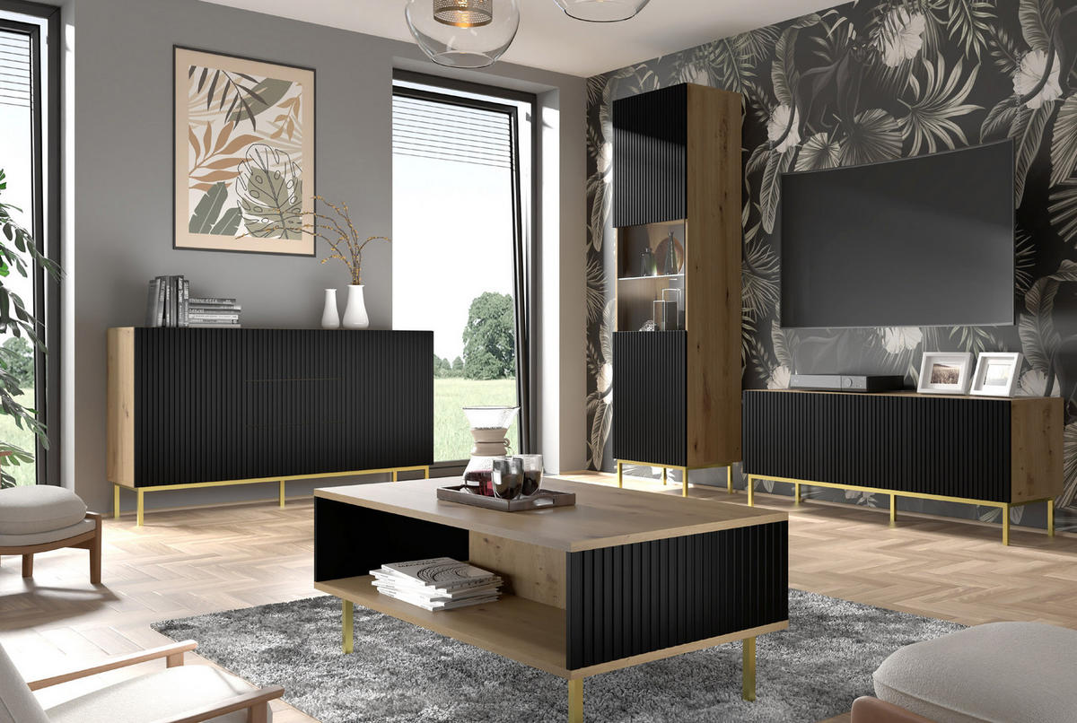 TV LOWBOARD Artisan Eiche, Schwarz, Gold 200/56/42 - Goldfarben/Schwarz, Holzwerkstoff (200/56/42cm) - RAUMHIRSCH FURNITURE