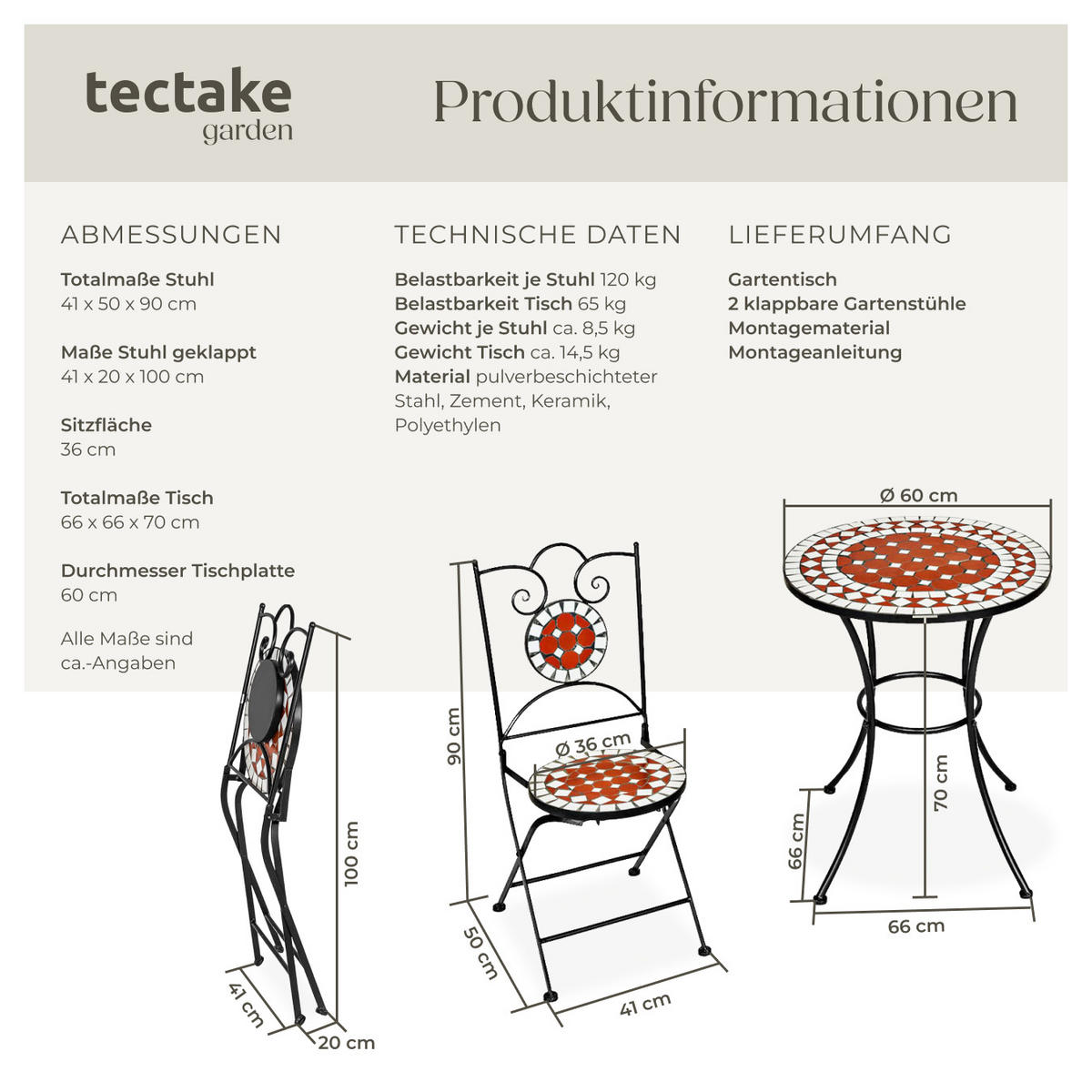 MOSAIK-GARTENGARNITUR Neapel, filigranes Design, braun - Braun, Naturmaterialien/Keramik - tectake