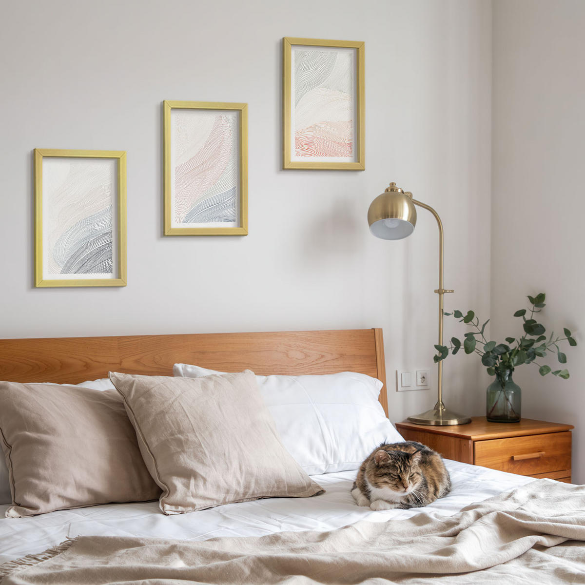WANDBILDER 3er Set - 20x30 cm Goldrahmen - Abstrakte Wellen, Karton, Pastell - Goldfarben, Kunststoff (20/30cm) - ArtPrintCave