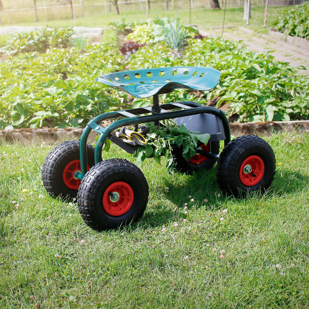 GARTENROLLSITZ Grün aus Stahl 360° drehbar/höhenverstellbar bis 150 kg - Grün, Metall (42/49/84cm) - ECD-Germany
