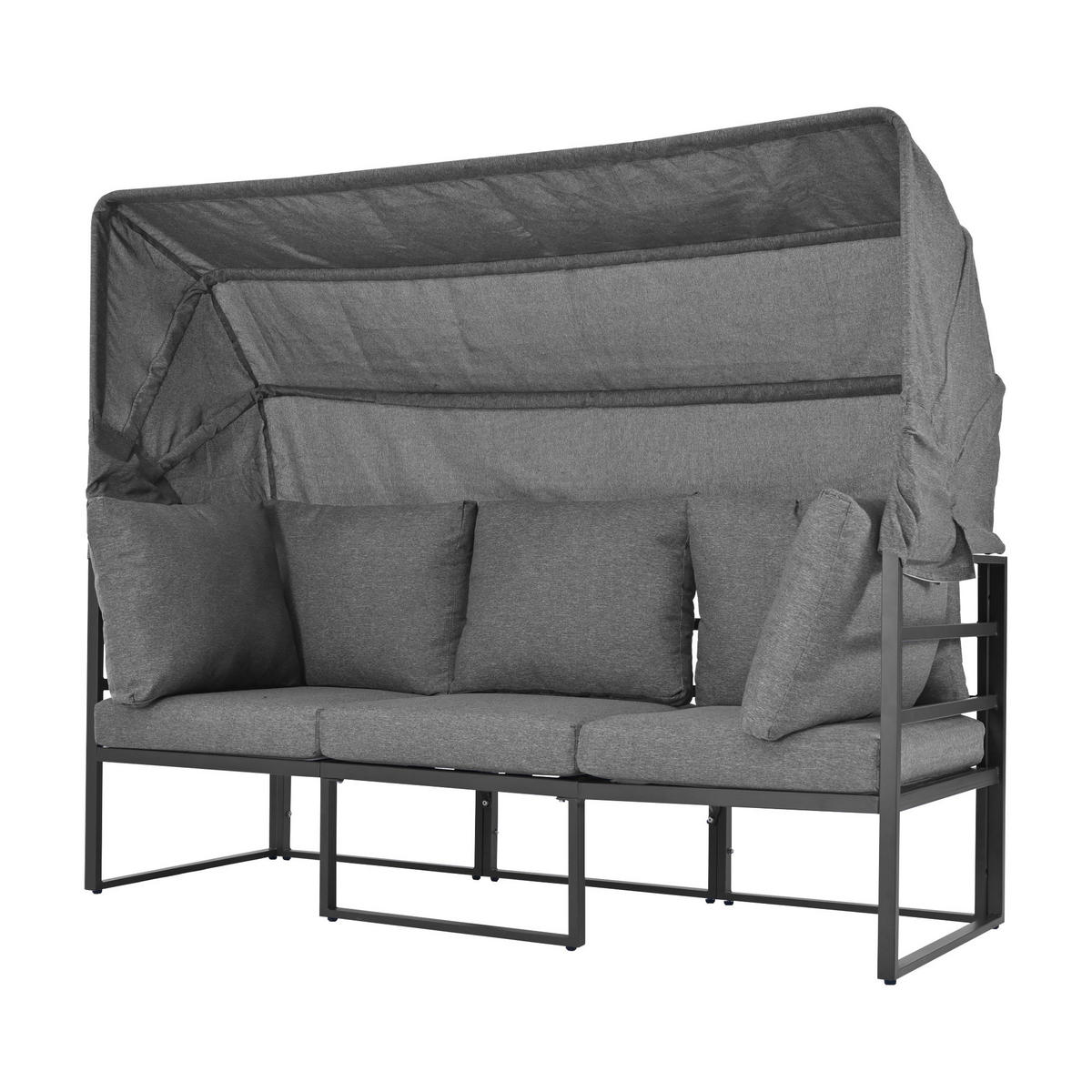 LOUNGESESSEL Set Iron Sunny Island mit Hocker Tisch und Markise 4teilig Wetterfest für Balkon Garten Grau mit Kissen - Grau, Metall