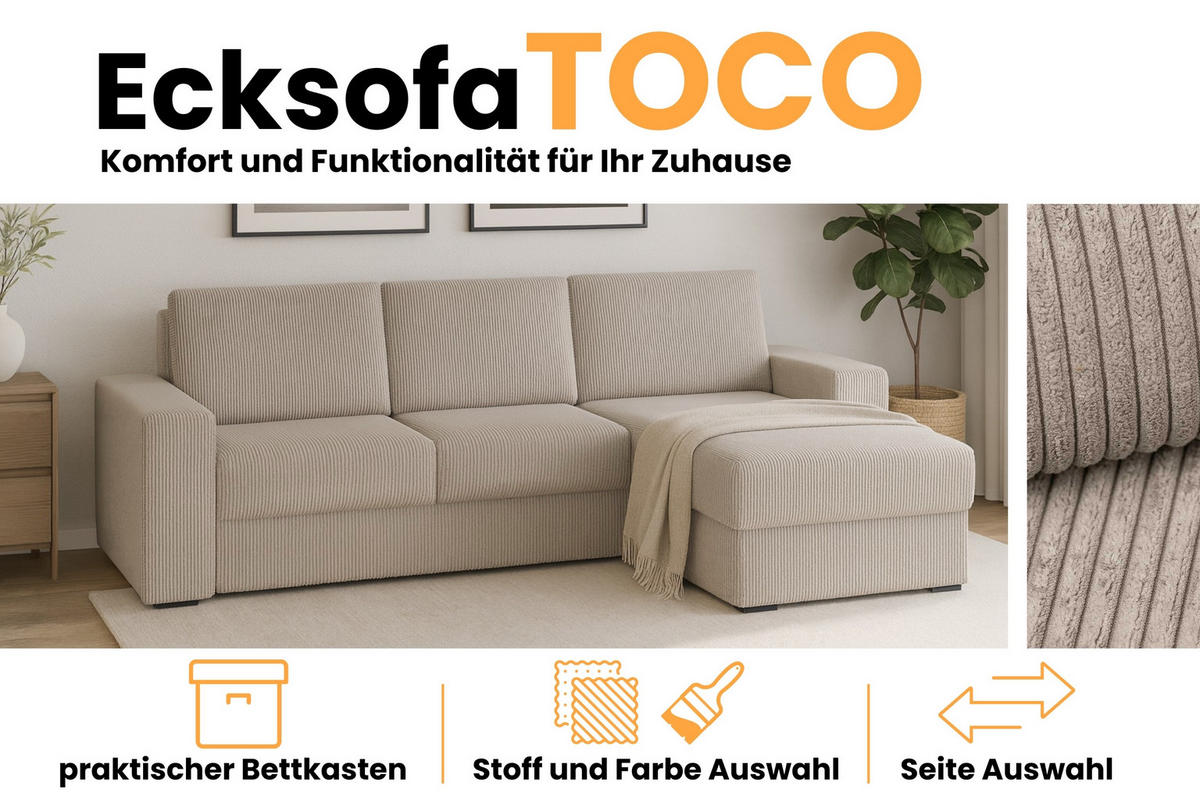ECKSOFA TOCO L 240x145 cm in Cord Beige rechts - Beige, Holz/Holzwerkstoff (240/145cm) - Deine Möbel 24