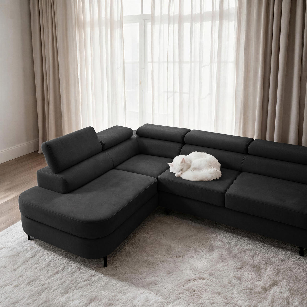 ECKSOFA PRIAM MAXI L-Form Links mit Schlaffunktion 125x195 Velours Anthrazit - Anthrazit/Schwarz, Holz/Textil (203/350cm) - Muffo