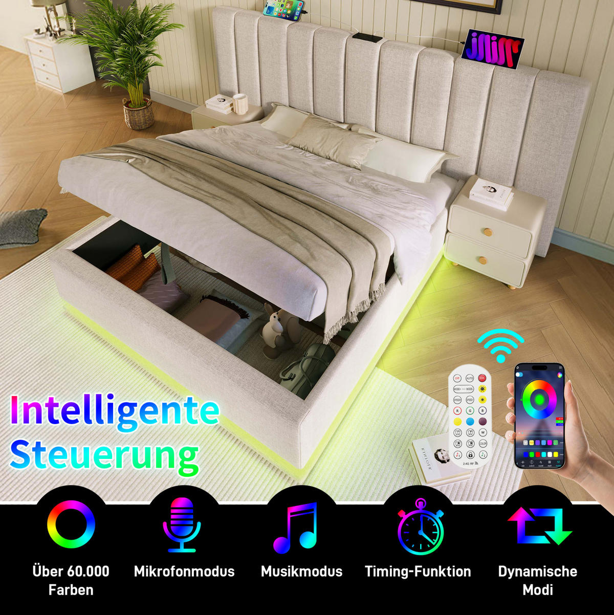 POLSTERBETT 160/200 cm Beige Stauraumbett mit App-Steuerung und USB-C Mit Matratze - Beige, Textil (160/200cm) - OKWISH