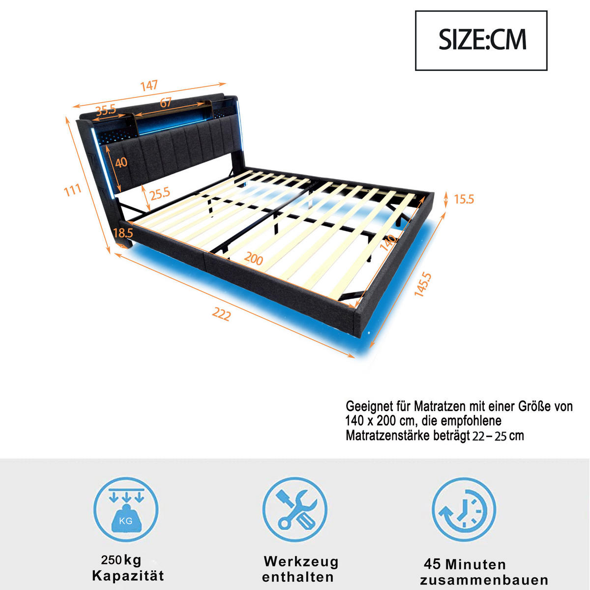 ČALÚNENÁ posteľ z ľanu 140x200 cm sivá s LED osvetlením, USB portom a úložným čelom - sivá, textil (140/200cm) - Modfu