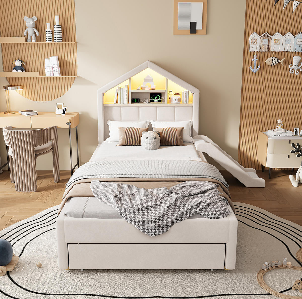 KINDERBETT-POLSTERBETT aus Samt 90x200 cm Beige mit LED-Beleuchtung, Ladeanschluss, Rutsche und Bettkasten - Beige, Textil (90/200cm) - Modfu